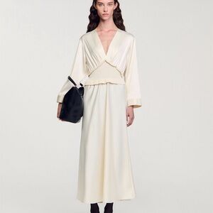 NWT Sandro Cream midi Maxi Dress size 36 V-neck smocked waist $495